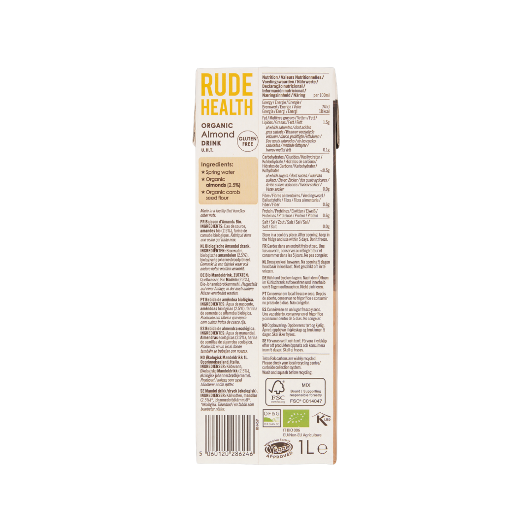 Rude Health Organic Gluten Free Almond Drink (No Sugars), 1L.